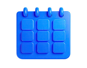 A glossy blue 3D calendar icon, showcasing a grid of dates on a black background