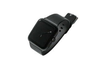 Black digital wristwatch angled against black background; shows the time