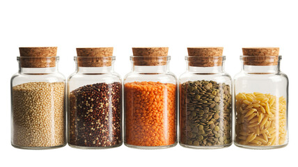 Five glass jars filled with diverse healthy grains and pasta
