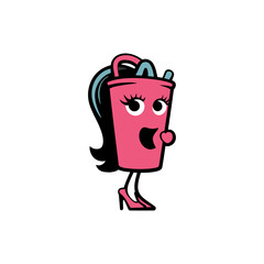 A fun and playful cartoon character of a pink cup with eyes, mouth, legs, and ponytail.