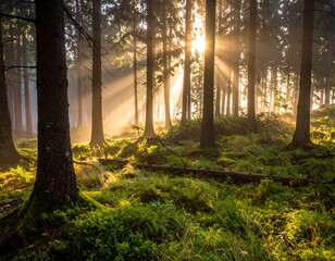 Fototapeta premium Sunlight streams through a misty forest (12)