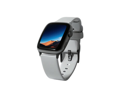A square-faced smartwatch with a mountain vista on the screen. Light gray strap