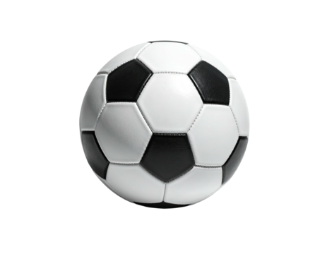 A classic, iconic black and white soccer ball isolated on a plain black background