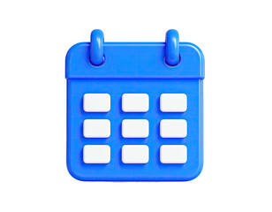 A rendered 3D, light blue, calendar with white boxes and black background