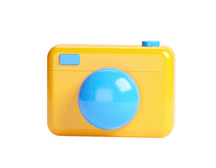 A brightly colored, cartoonish camera icon with a large lens and blue accents
