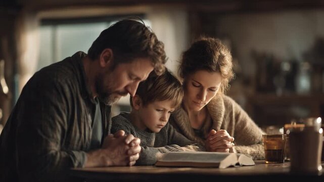 Family Prayer: A tender scene of a family engrossed in a moment of prayer, a picture of faith and love. Their reverent demeanor and the soft, warm lighting enhances the scene's spirituality.