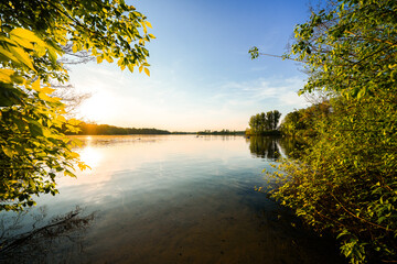 View of Lake Elbsee and the surrounding landscape. Idyllic nature by the lake at sunset near...