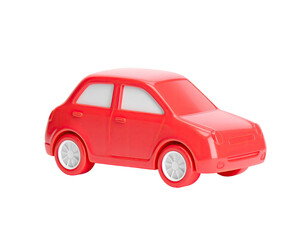 A vibrant, glossy red toy car with white-rimmed wheels and a simple design