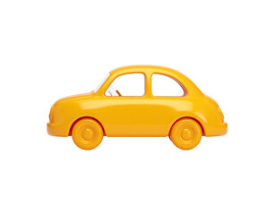 A simple yellow toy car with round wheels and windows on a stark black background