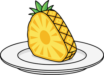 Cartoon Vector Illustration of Pineapple Wedge on Plate