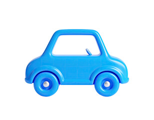 Bright blue, rounded toy car, viewed from the side, against a stark black background