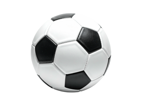 Standard black and white soccer ball on black background, floating in air