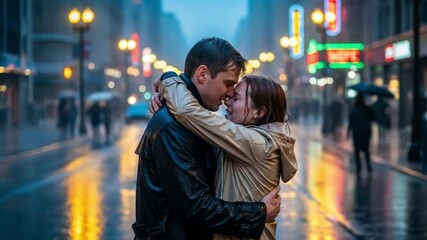 A couple embraces in the rain on a city street surrounded by blurred figures with umbrellas and illuminated buildings