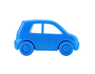A vibrant blue, plastic, toy car with clear windows, on a pure black background