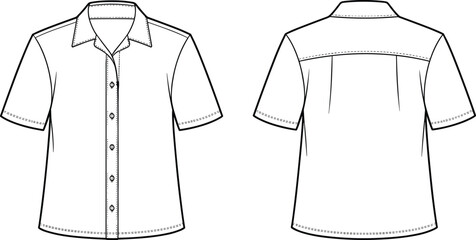 Short sleeve button down shirt flat sketch front and back, casual summer shirt template, fashion apparel technical illustration design