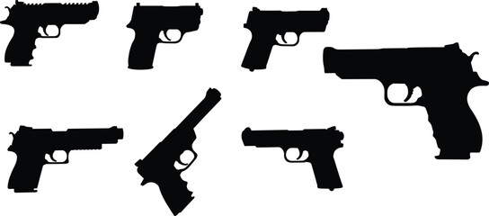 Handgun silhouette set, black pistol icons, firearm side view, weapon shapes, tactical gun vector, cad drawing flat vector illustration