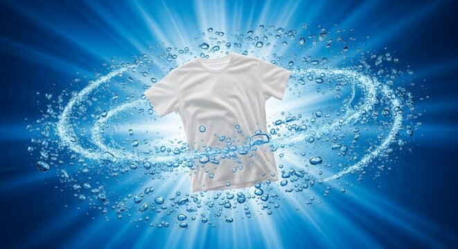 Clean white T-shirt washing in a dynamic, blue water splash swirl of laundry bubbles, illustrating freshness, powerful cleaning, and liquid detergent product concept