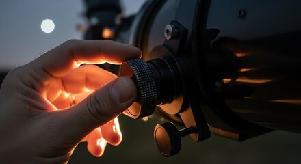 Hand adjusting focus knob on telescope under moonlight, capturing celestial wonders and exploring the universe through stargazing at night