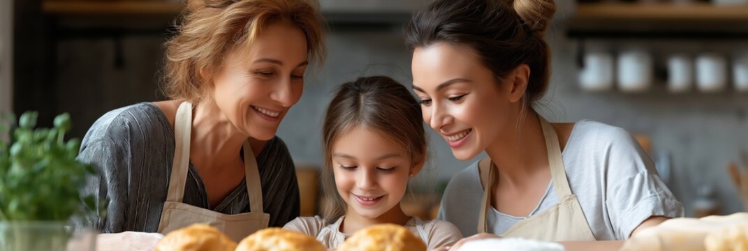 Caucasian family baking together: elderly, young adult, and child sharing joyful moments in kitchen