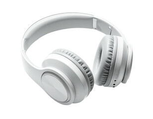 Modern, white over-ear headphones angled on a black background