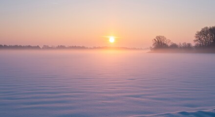 Obraz premium Serene landscape featuring a sunrise over a tranquil body of water with atmospheric mist and soft hues