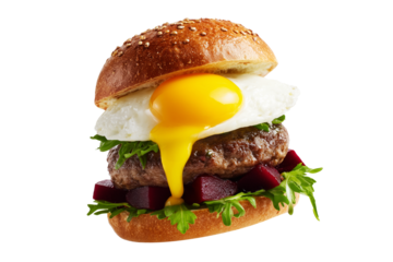 Kiwi burger with fried egg, beet spread, cheddar, beef patty and greens on sesame bun, isolated on white transparent background, New Zealand cuisine