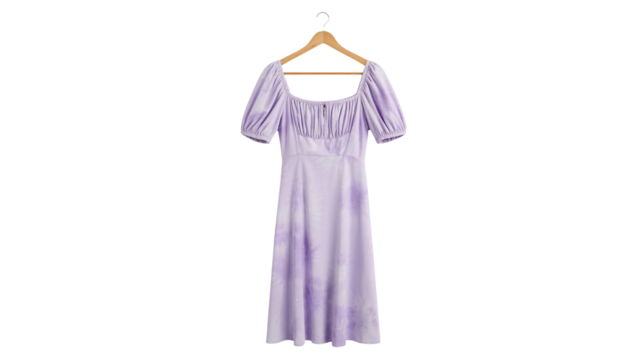 Elegant lavender tie dye midi dress with puff sleeves and square neckline