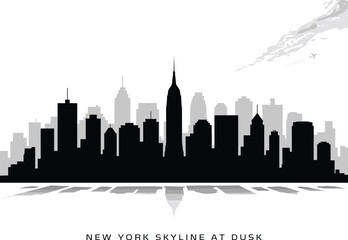 New York skyline silhouette, cityscape at dusk, urban architecture view, iconic buildings reflection, cad drawing flat vector illustration, travel graphic