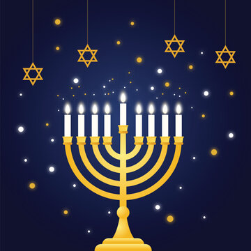 Golden Hanukkah menorah with lit candles and stars on a dark blue background