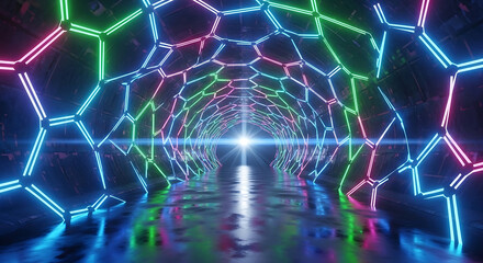 Abstract Hexagonal Tunnel with Glowing Neon Lights and Reflective Floor geometric pattern