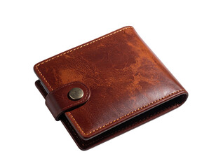 Brown leather bi-fold wallet with snap closure, isolated on a black background