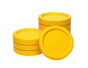 Three stacks of bright yellow, circular tokens on a transparent black background