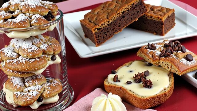 Delectable Assortment of Pastries and Cakes with Frosting and Chocolate Toppings on a Decorative Table Setting