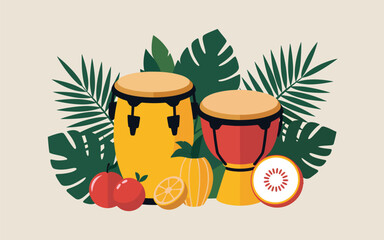 Two conga drums with tropical leaves and fruit percussion