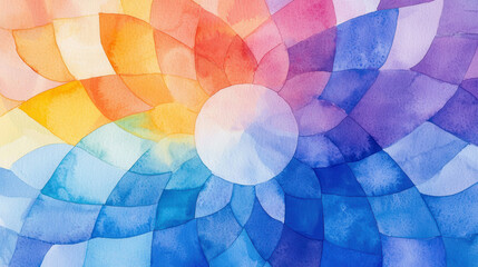 Obraz premium Colorful watercolor abstract design featuring intricate patterns and gradients of orange, pink, purple, and blue, evoking sense of calm