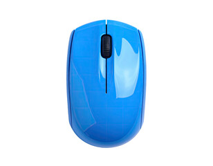 Overhead shot of a vibrant blue wireless computer mouse on a black background
