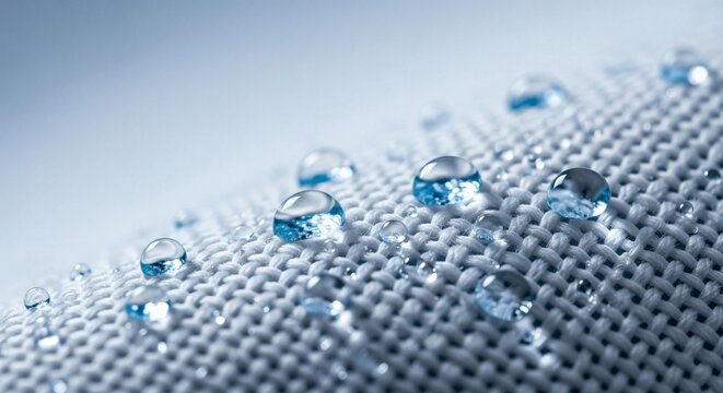 Detailed macro photograph of clear blue water droplets perfectly beading on a white tightly woven hydrophobic textile surface, demonstrating fabric water-resistance technology - Powered by Adobe