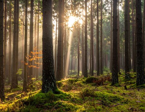 Sunlight streams through a misty pine forest (1)