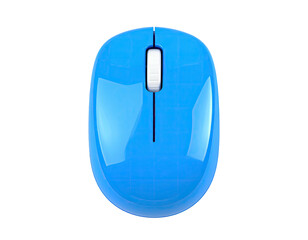 Top-down view of a glossy blue computer mouse with scroll wheel
