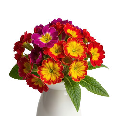 Vibrant bouquet of colorful primrose flowers in a white vase studio shot
