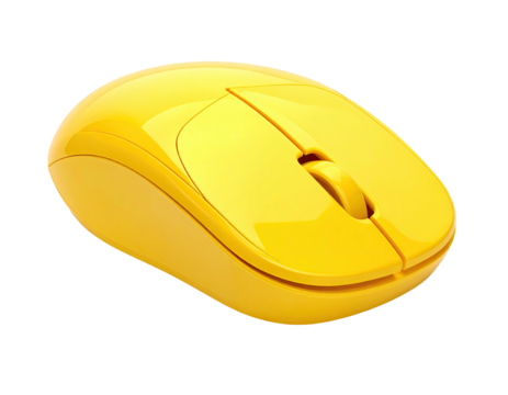 A smooth, bright yellow, wireless computer mouse, elevated on a black background