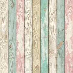 Rustic weathered wooden planks texture in pastel colors including mint green, pale pink, beige, and white with natural wood grain and knots