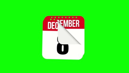 Dynamic calendar flipping pages for December 8th against a vivid chroma key green backgroundDynamic calendar flipping pages for December 8th against a vivid chroma key green background