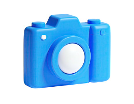 A 3D, bright blue camera illustration with a white lens and small details