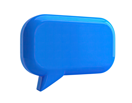 Glossy, 3D, rounded-rectangle speech bubble, bright blue, floating on black