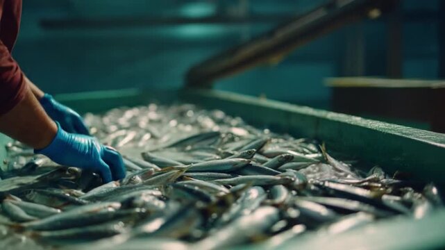 Seafood Sorting at Fish Processing Factory: A person, wearing blue gloves, carefully sorts freshly caught seafood on the production line of a fish processing factory.