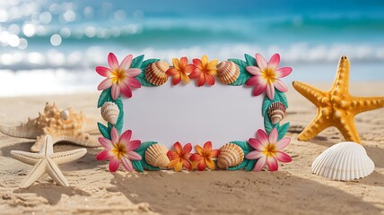 Tropical beach frame with seashells and starfish sand