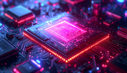 Obraz premium Digital Processing Power: A detailed close-up of a high-tech computer processor, radiating vibrant neon light, symbolizing innovation and the dynamic essence of digital technology.