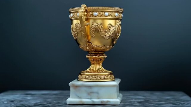 Ornate golden goblet with pearls, on marble base