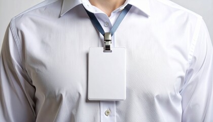 Professional close-up of a blank ID badge on a lanyard, worn over a white business shirt, ideal for office, corporate, seminar, and event identification concepts